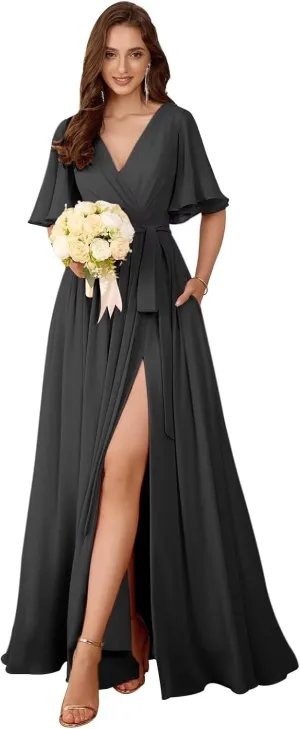 Flutter Sleeve Chiffon Bridesmaid Dresses Long with Pockets Slit V Neck Formal Dress for Women