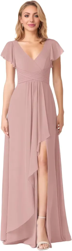 Flutter Sleeve Chiffon Bridesmaid Dresses with Slit Long V Neck A-Line Pleated Formal Evening Dresses for Women