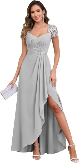 Formal Mother of The Bride Dresses for Wedding with Cap Sleeves Ruffle Chiffon Lace Applique Evening Gowns