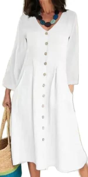 Geleglaer Women Casual V Neck Button Down Dress Cotton Linen Short Sleeve Knee Midi Length Loose Summer Dress Plus Size S-5XL