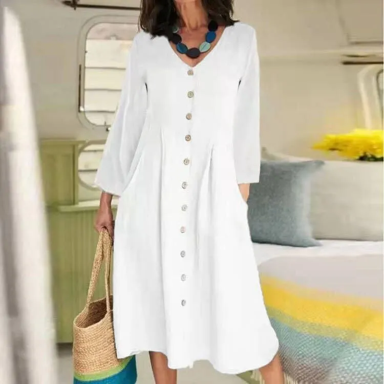 Geleglaer Women Casual V Neck Button Down Dress Cotton Linen Short Sleeve Knee Midi Length Loose Summer Dress Plus Size S-5XL