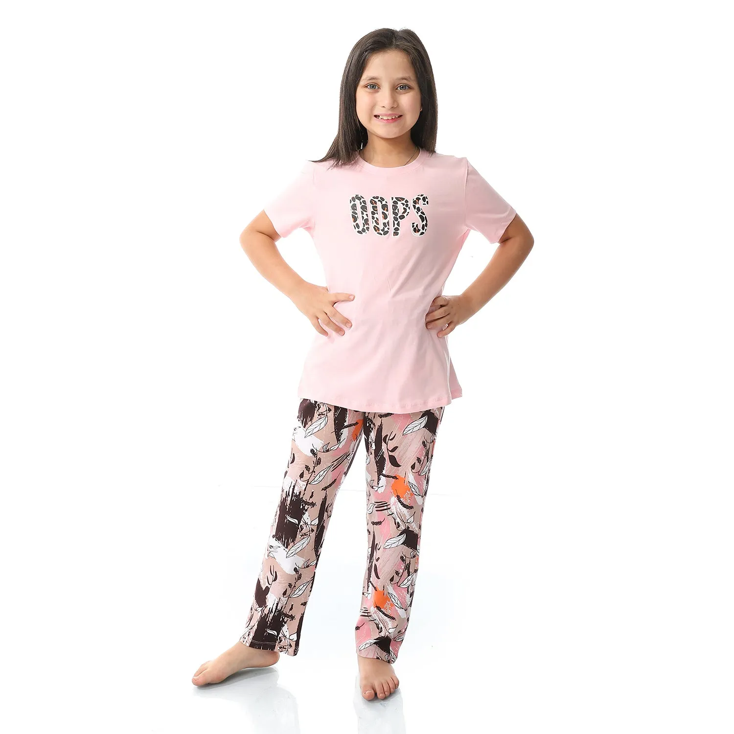 Girls OOPS Cotton Tee & Patterned Pants Pajama Set - Multicolour