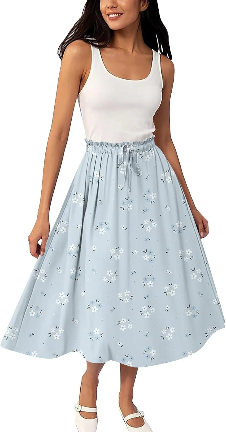 GOFULY Womens Skirts Midi Length Elastic Waist Casual Fall Floral Print A-Line Knee Skirts Drawstring Pleated Skirt
