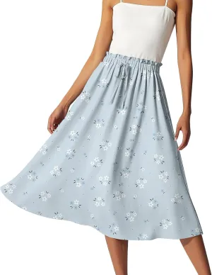 GOFULY Womens Skirts Midi Length Elastic Waist Casual Fall Floral Print A-Line Knee Skirts Drawstring Pleated Skirt