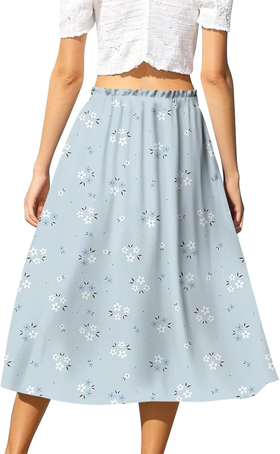 GOFULY Womens Skirts Midi Length Elastic Waist Casual Fall Floral Print A-Line Knee Skirts Drawstring Pleated Skirt