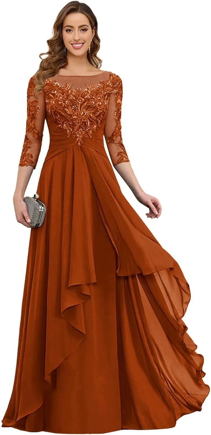GUKARLEED 3/4 Sleeve Mother of The Bride Dresses for Women Ruffles Chiffon Long Lace Appliques Formal Wedding Guest Dress