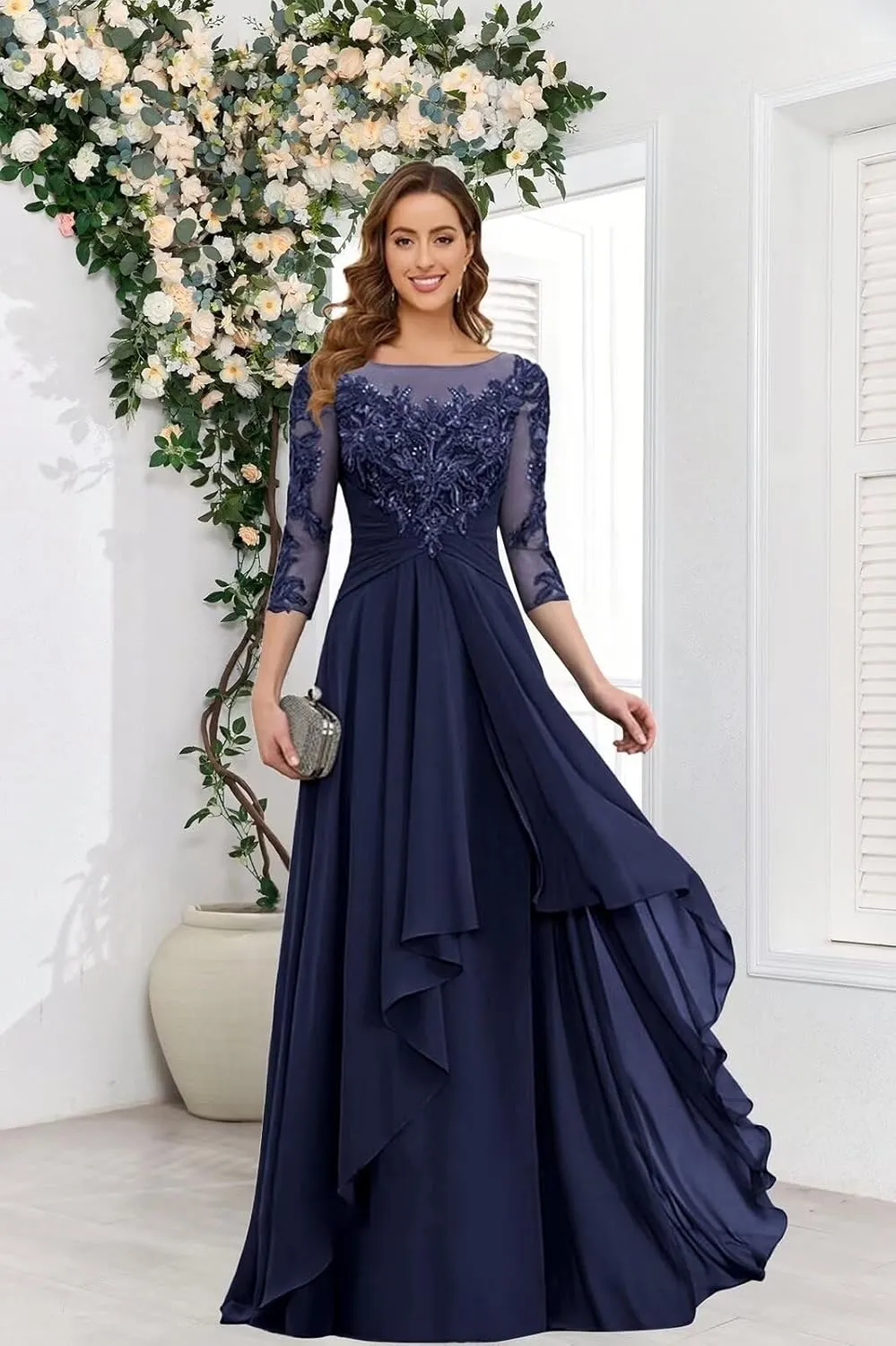 GUKARLEED 3/4 Sleeve Mother of The Bride Dresses for Women Ruffles Chiffon Long Lace Appliques Formal Wedding Guest Dress