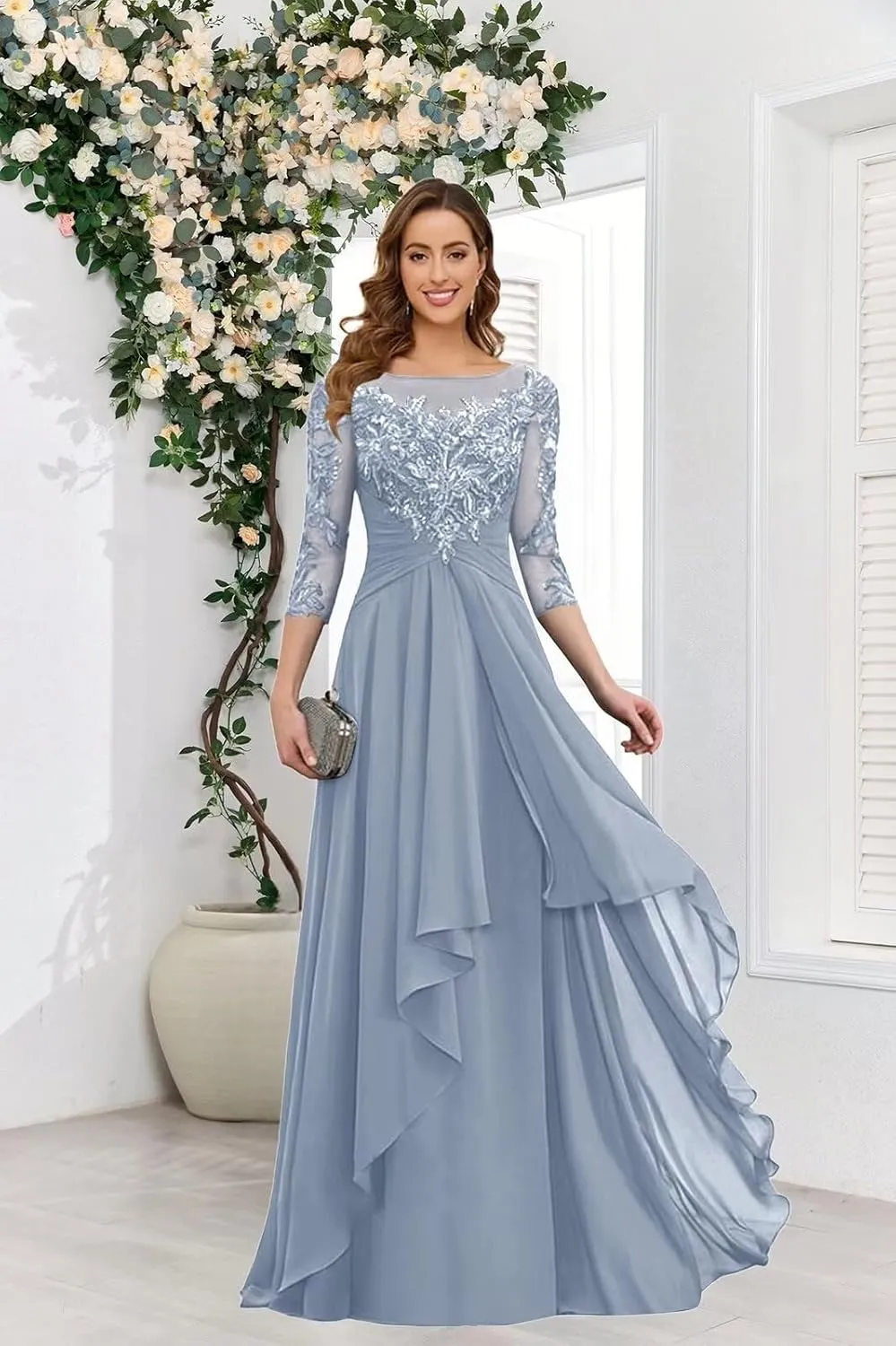 GUKARLEED 3/4 Sleeve Mother of The Bride Dresses for Women Ruffles Chiffon Long Lace Appliques Formal Wedding Guest Dress
