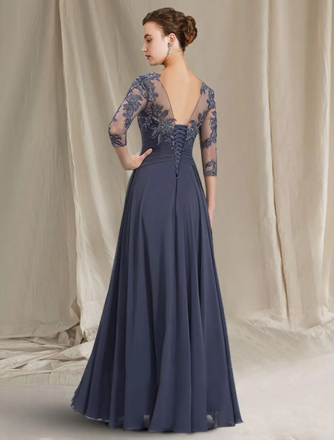 GUKARLEED 3/4 Sleeve Mother of The Bride Dresses for Women Ruffles Chiffon Long Lace Appliques Formal Wedding Guest Dress