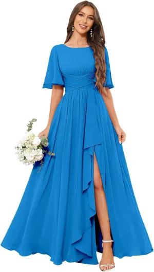 GUKARLEED Chiffon Bridesmaid Dresses with Ruffle Flutter Sleeves Pockets Long Slit Formal Dress Wedding Guest Dress for Women