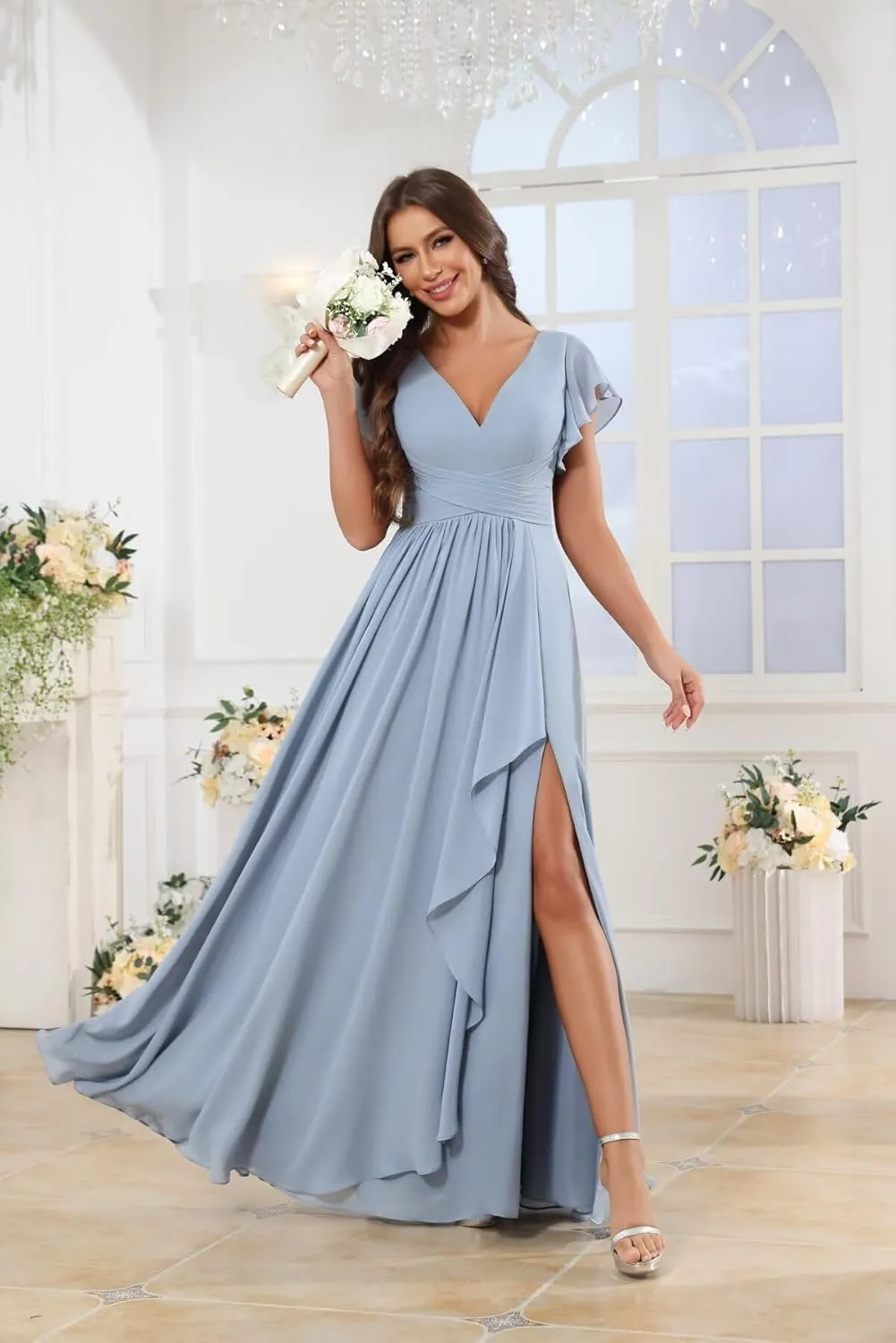 GUKARLEED Ruffled Bridesmaid Dresses Short Cap Sleeve Wrap Ruched Split V Neck Wedding Guest Dress Long Chiffon Formal Dress
