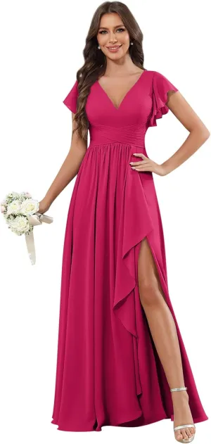 GUKARLEED Ruffled Bridesmaid Dresses Short Cap Sleeve Wrap Ruched Split V Neck Wedding Guest Dress Long Chiffon Formal Dress