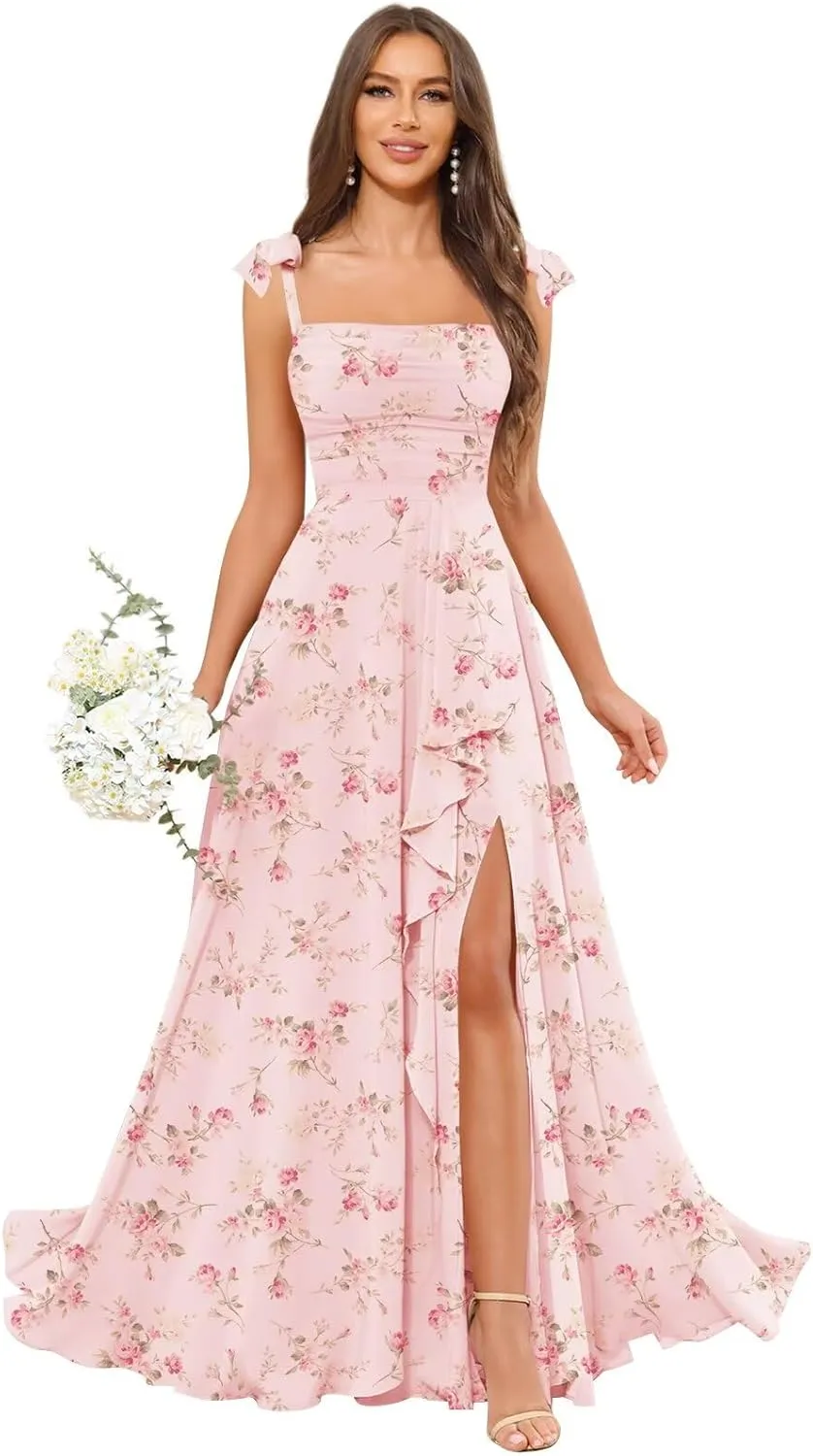 GUKARLEED Womens Long Bridesmaid Dresses Wrap Ruffles Chiffon Scoop Neck Slit A-line Wedding Guest Formal Dress with Pockets
