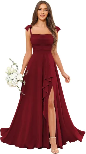 GUKARLEED Womens Long Bridesmaid Dresses Wrap Ruffles Chiffon Scoop Neck Slit A-line Wedding Guest Formal Dress with Pockets
