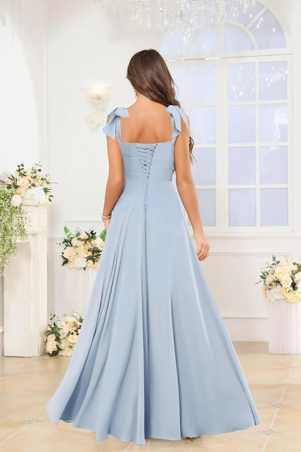 GUKARLEED Womens Long Bridesmaid Dresses Wrap Ruffles Chiffon Scoop Neck Slit A-line Wedding Guest Formal Dress with Pockets