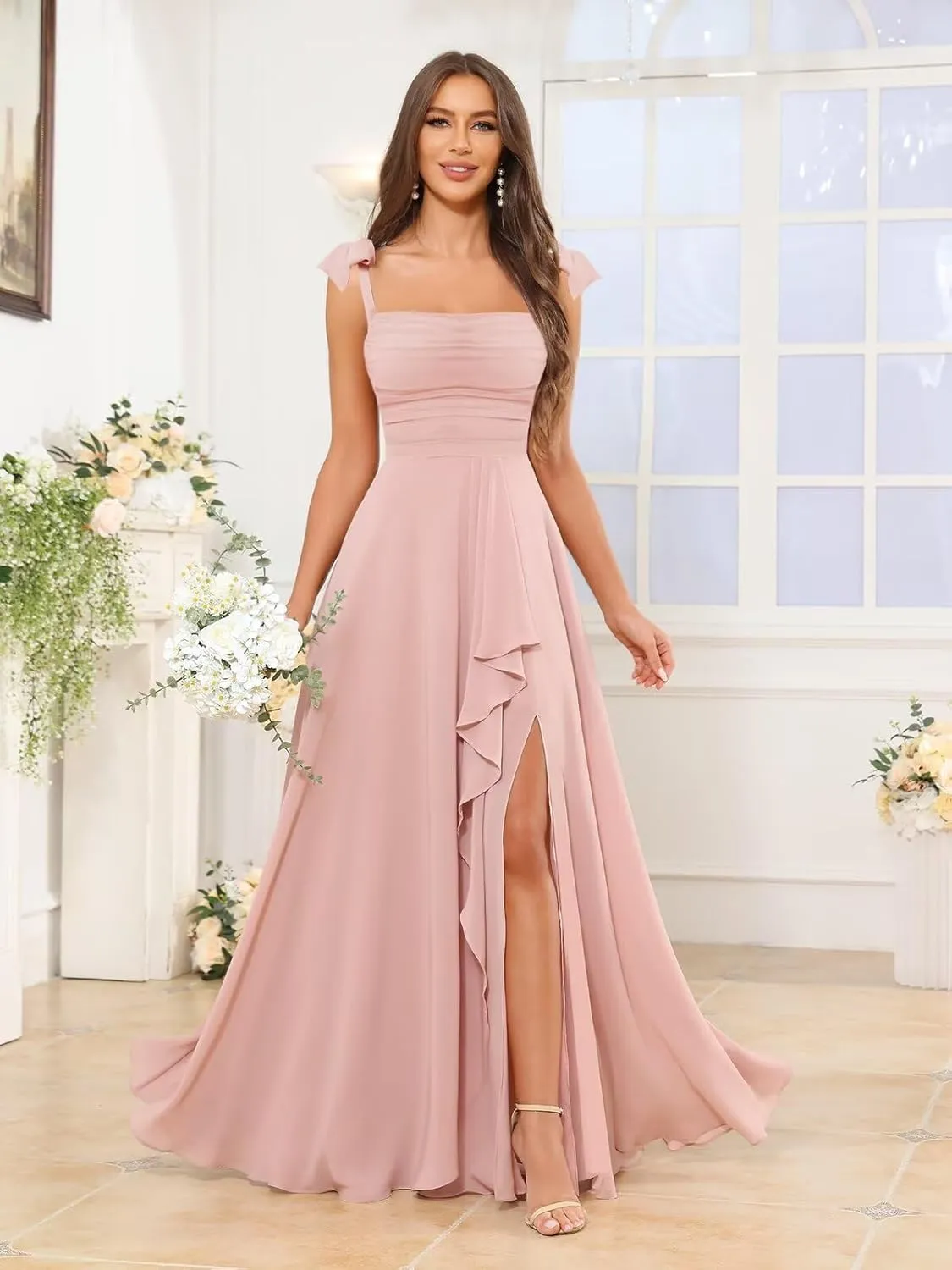 GUKARLEED Womens Long Bridesmaid Dresses Wrap Ruffles Chiffon Scoop Neck Slit A-line Wedding Guest Formal Dress with Pockets