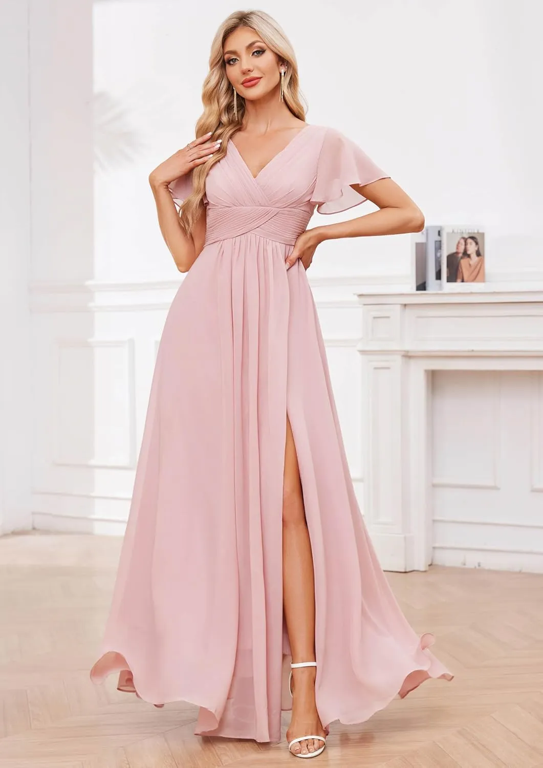 GUKARLEED Womens V Neck Bridesmaid Dresses for Wedding Short Sleeve Formal Dress with Pockets Long Slit Wedding Guest Dress