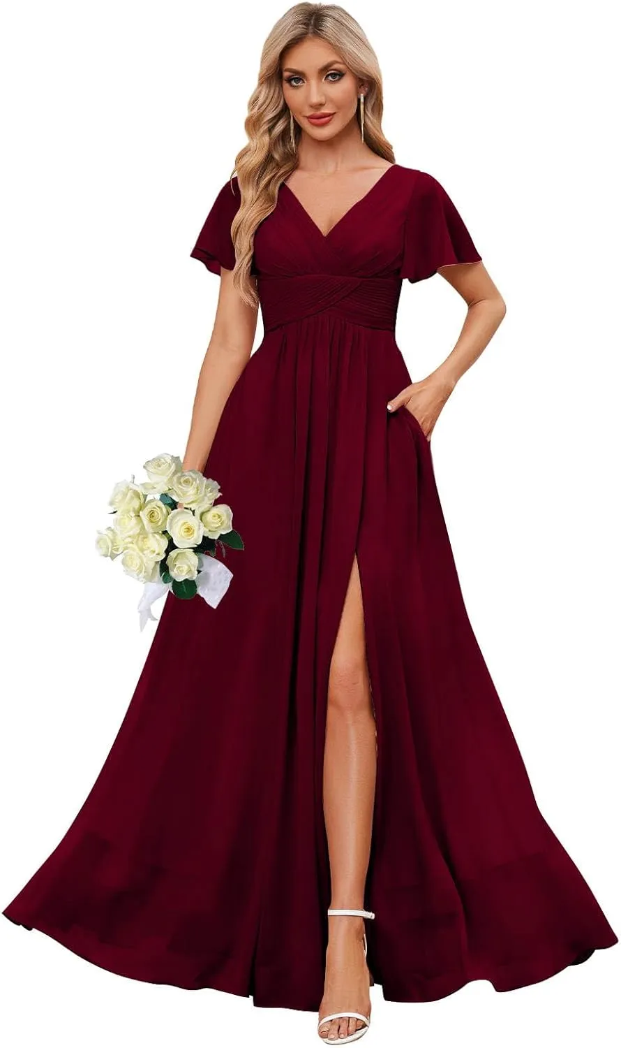 GUKARLEED Womens V Neck Bridesmaid Dresses for Wedding Short Sleeve Formal Dress with Pockets Long Slit Wedding Guest Dress