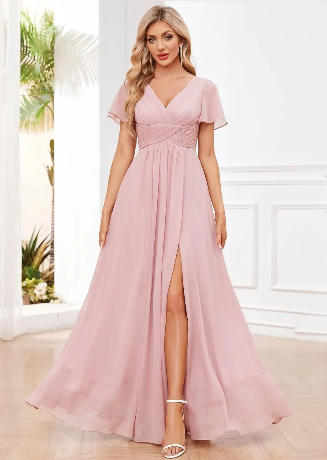 GUKARLEED Womens V Neck Bridesmaid Dresses for Wedding Short Sleeve Formal Dress with Pockets Long Slit Wedding Guest Dress