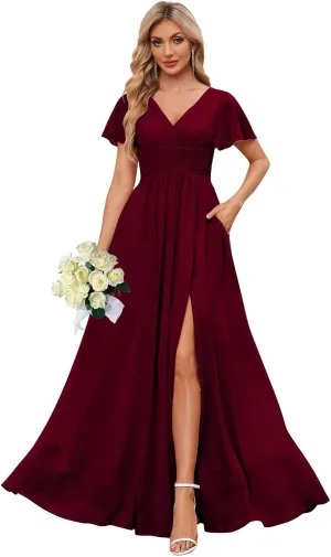 GUKARLEED Womens V Neck Bridesmaid Dresses for Wedding Short Sleeve Formal Dress with Pockets Long Slit Wedding Guest Dress
