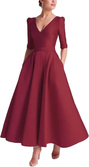 Half Sleeve Satin Mother of The Bride Dresses for Wedding V Neck Prom Dress A-line Long Evening Dresses with Pockts
