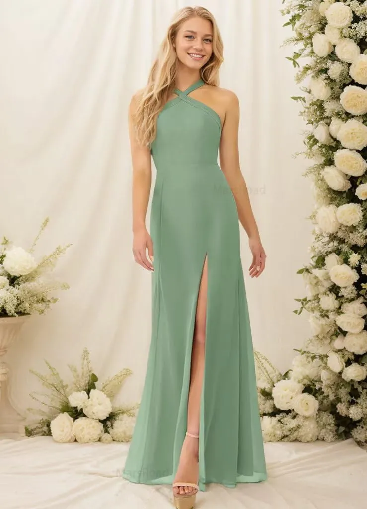 Halterneck Bridesmaid Dresses for Women Floral Print Chiffon A Line Prom Dress with Slit Formal Gown
