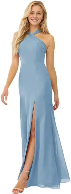 Halterneck Bridesmaid Dresses for Women Floral Print Chiffon A Line Prom Dress with Slit Formal Gown