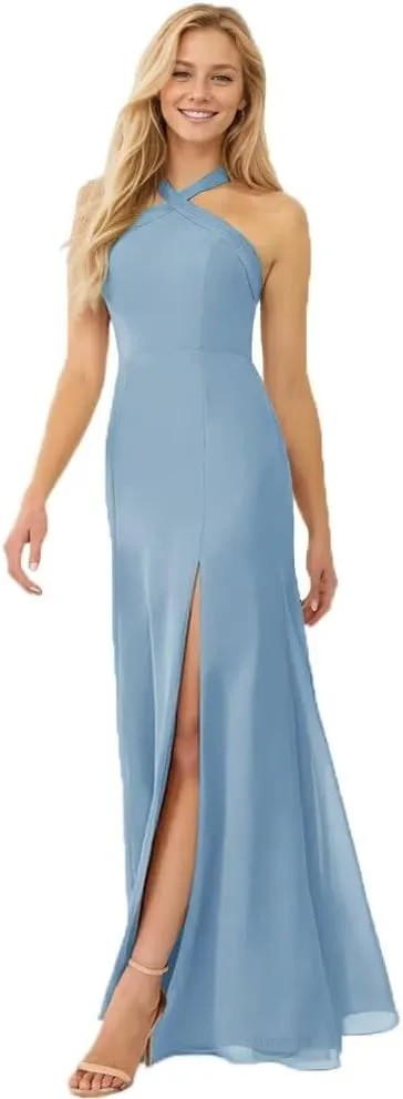 Halterneck Bridesmaid Dresses for Women Floral Print Chiffon A Line Prom Dress with Slit Formal Gown