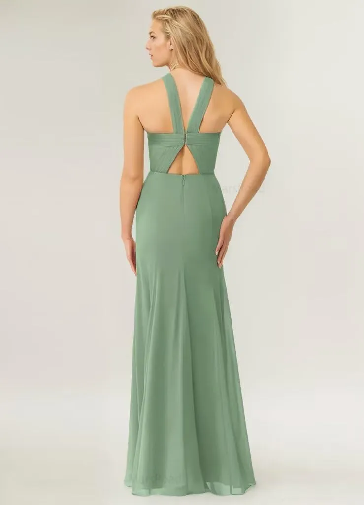 Halterneck Bridesmaid Dresses for Women Floral Print Chiffon A Line Prom Dress with Slit Formal Gown