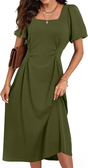 Happy Sailed Women's Summer Short Sleeve Square Neck Ruched Waist Flowy A Line Midi Cocktail Party Dress
