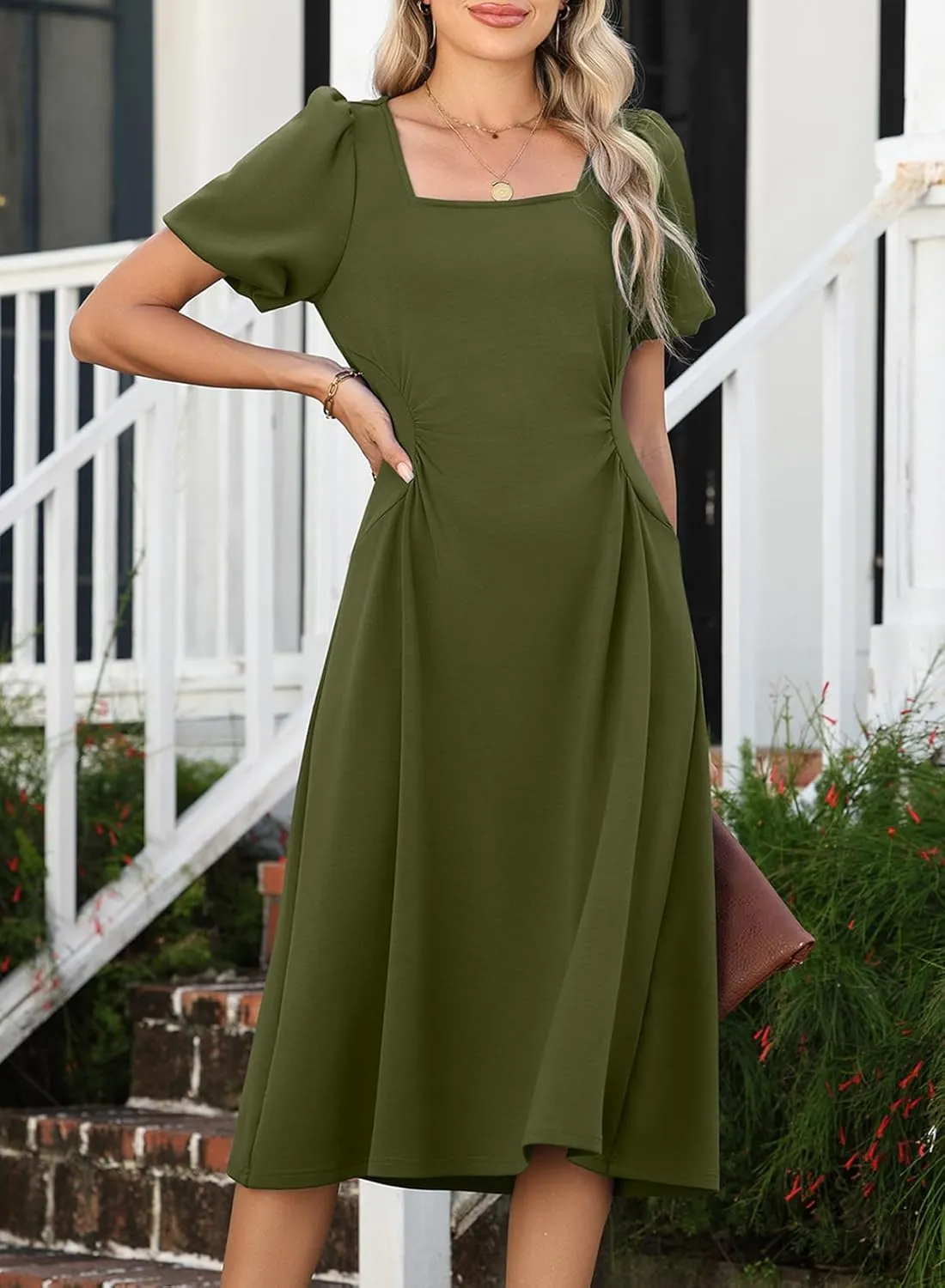 Happy Sailed Women's Summer Short Sleeve Square Neck Ruched Waist Flowy A Line Midi Cocktail Party Dress