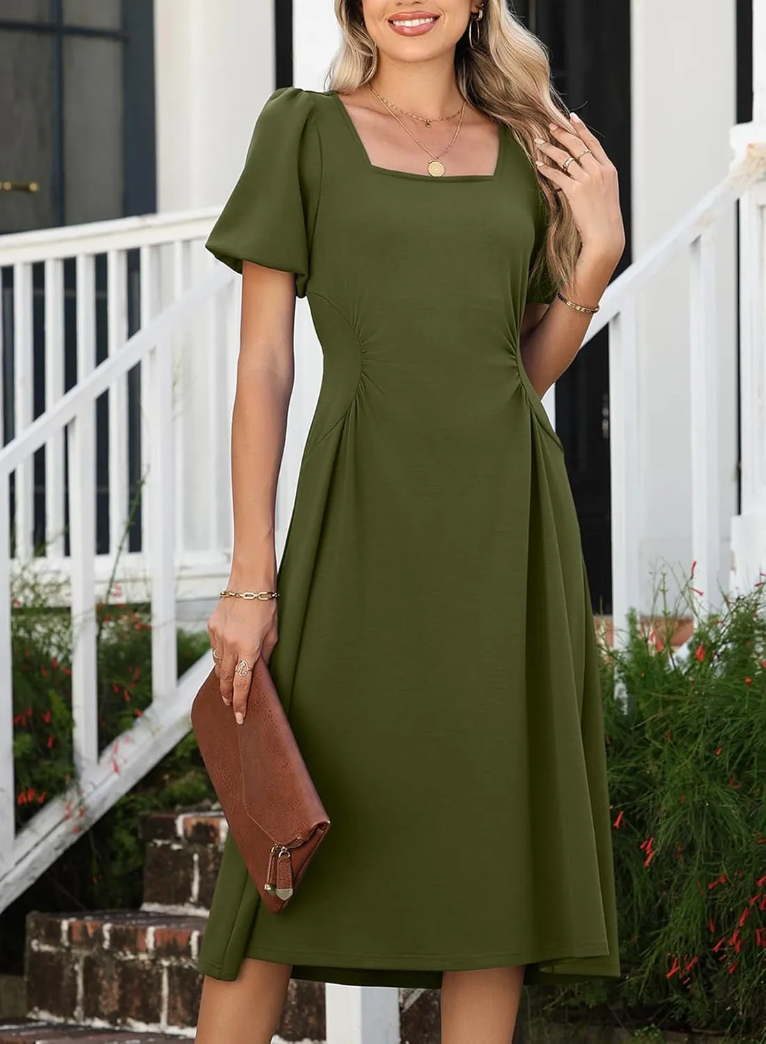 Happy Sailed Women's Summer Short Sleeve Square Neck Ruched Waist Flowy A Line Midi Cocktail Party Dress