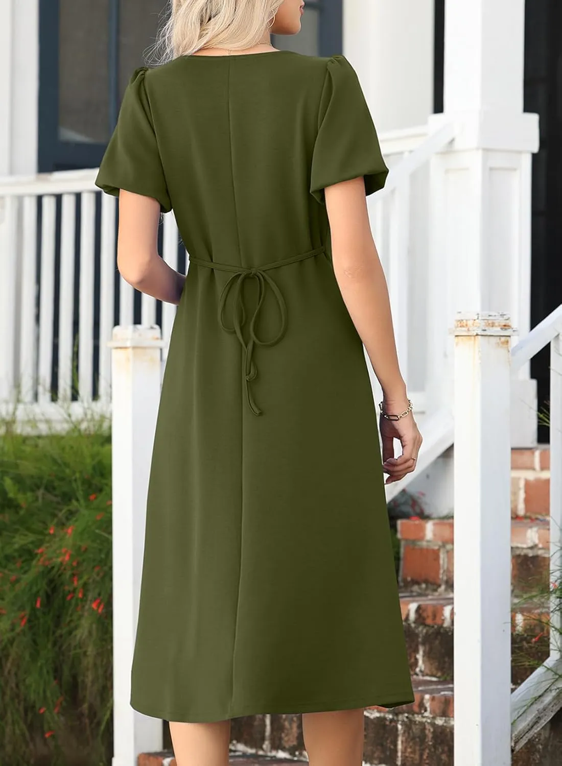 Happy Sailed Women's Summer Short Sleeve Square Neck Ruched Waist Flowy A Line Midi Cocktail Party Dress