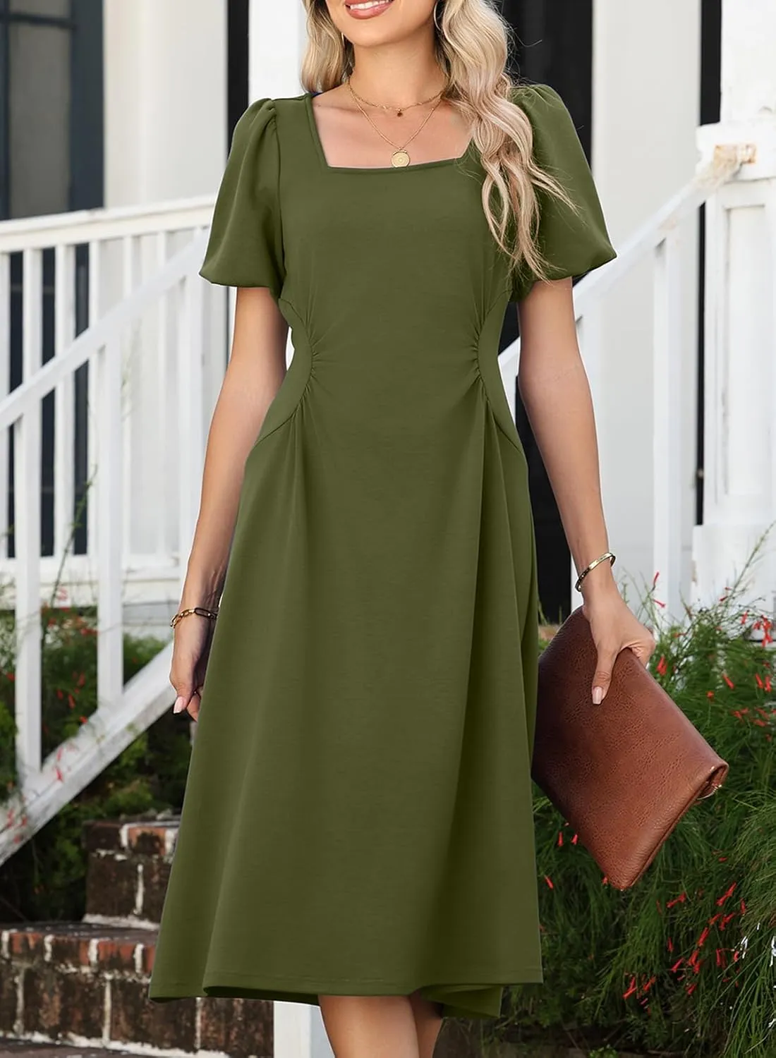 Happy Sailed Women's Summer Short Sleeve Square Neck Ruched Waist Flowy A Line Midi Cocktail Party Dress