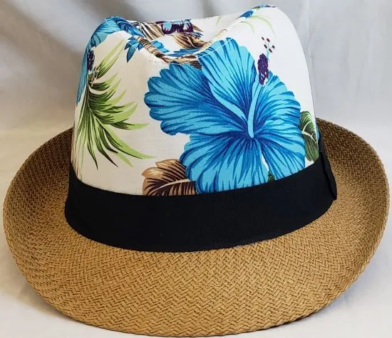 Haylen -- Paper Straw Fedora -- Tan/White/Blue