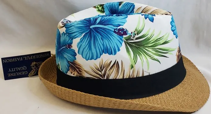 Haylen -- Paper Straw Fedora -- Tan/White/Blue