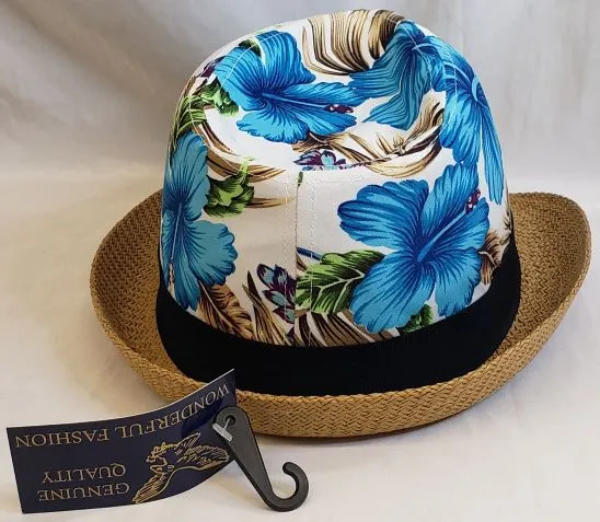 Haylen -- Paper Straw Fedora -- Tan/White/Blue