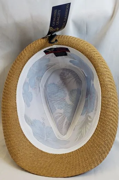 Haylen -- Paper Straw Fedora -- Tan/White/Blue