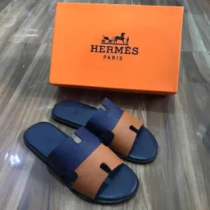 Hermes Paris Blue Brown Leather Slippers