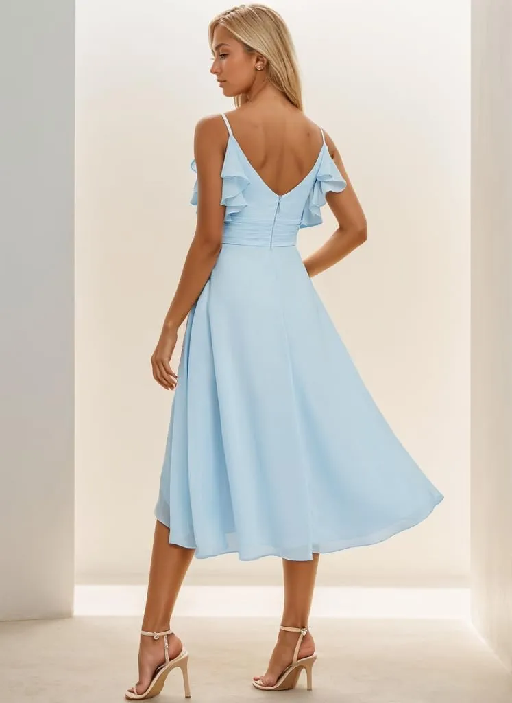 High Low Bridesmaid Dresses for Wedding Spaghetti Straps Short Formal Dress Chiffon Ruffle Evening Gown