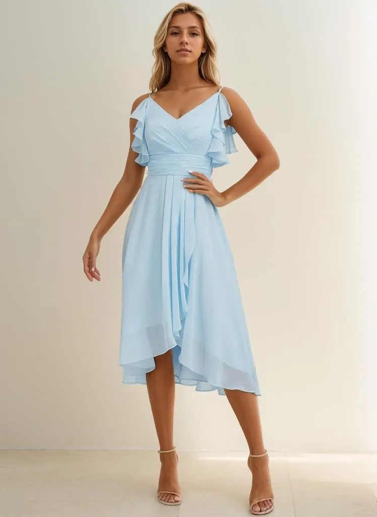 High Low Bridesmaid Dresses for Wedding Spaghetti Straps Short Formal Dress Chiffon Ruffle Evening Gown