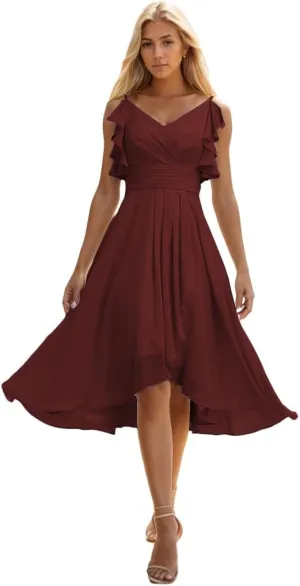 High Low Bridesmaid Dresses for Wedding Spaghetti Straps Short Formal Dress Chiffon Ruffle Evening Gown