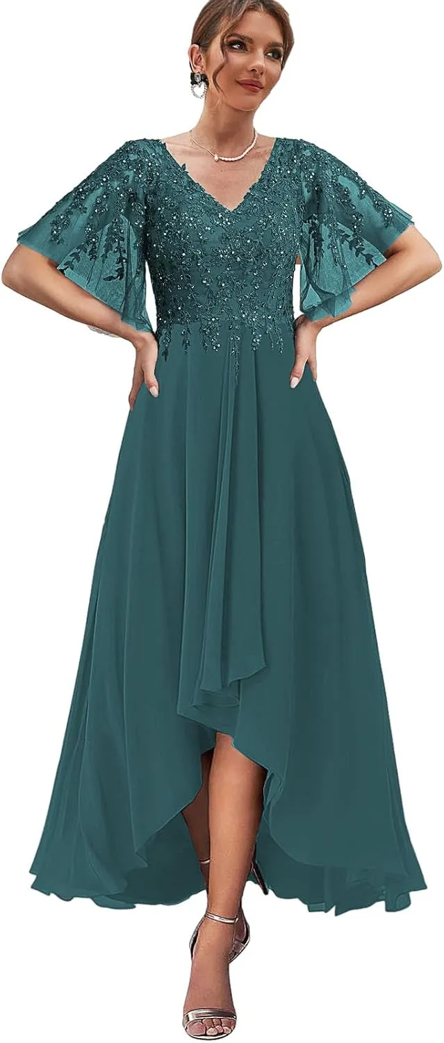 High Low Mother of The Bride Dresses for Women Lace Wedding Party Dress with Sleeves Chiffon Formal Gown
