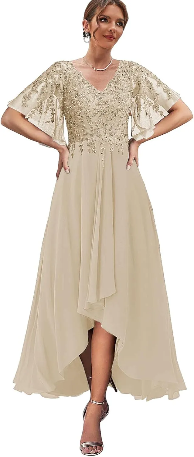 High Low Mother of The Bride Dresses for Women Lace Wedding Party Dress with Sleeves Chiffon Formal Gown