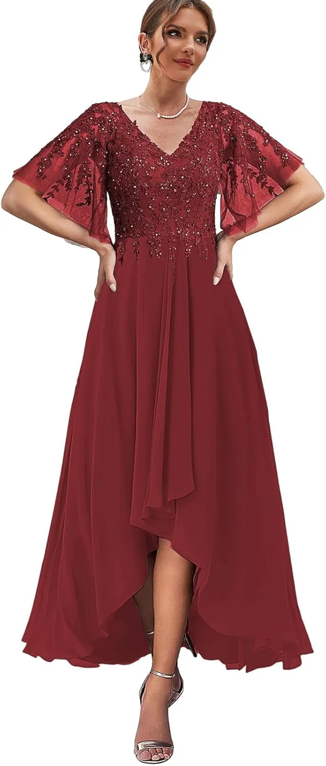 High Low Mother of The Bride Dresses for Women Lace Wedding Party Dress with Sleeves Chiffon Formal Gown