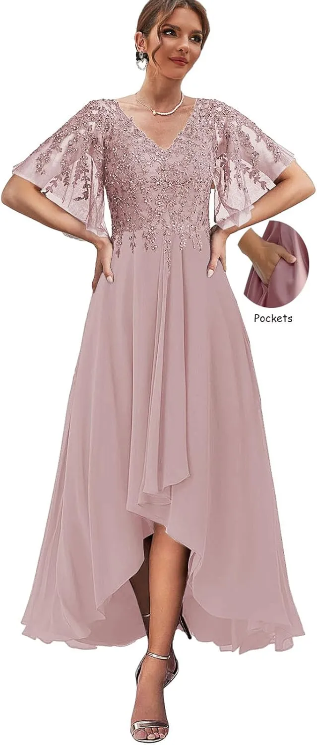 High Low Mother of The Bride Dresses for Women Lace Wedding Party Dress with Sleeves Chiffon Formal Gown