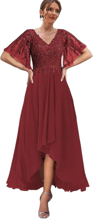 High Low Mother of The Bride Dresses for Women Lace Wedding Party Dress with Sleeves Chiffon Formal Gown