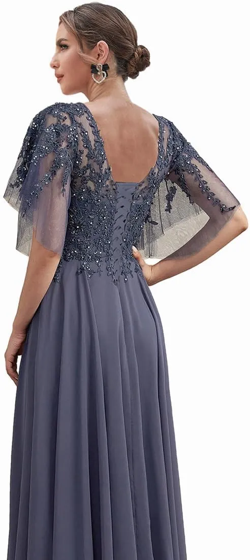 High Low Mother of The Bride Dresses for Women Lace Wedding Party Dress with Sleeves Chiffon Formal Gown