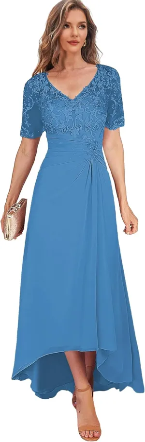 High Low Mother of The Bride Dresses for Women Tea Length Lace Wedding Guest Formal Dress with Sleeves