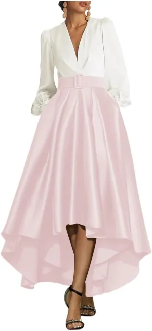 High Low Prom Dresses for Women Long Sleeve Elegant Evening Gown Satin A Line Wedding Guest Dress